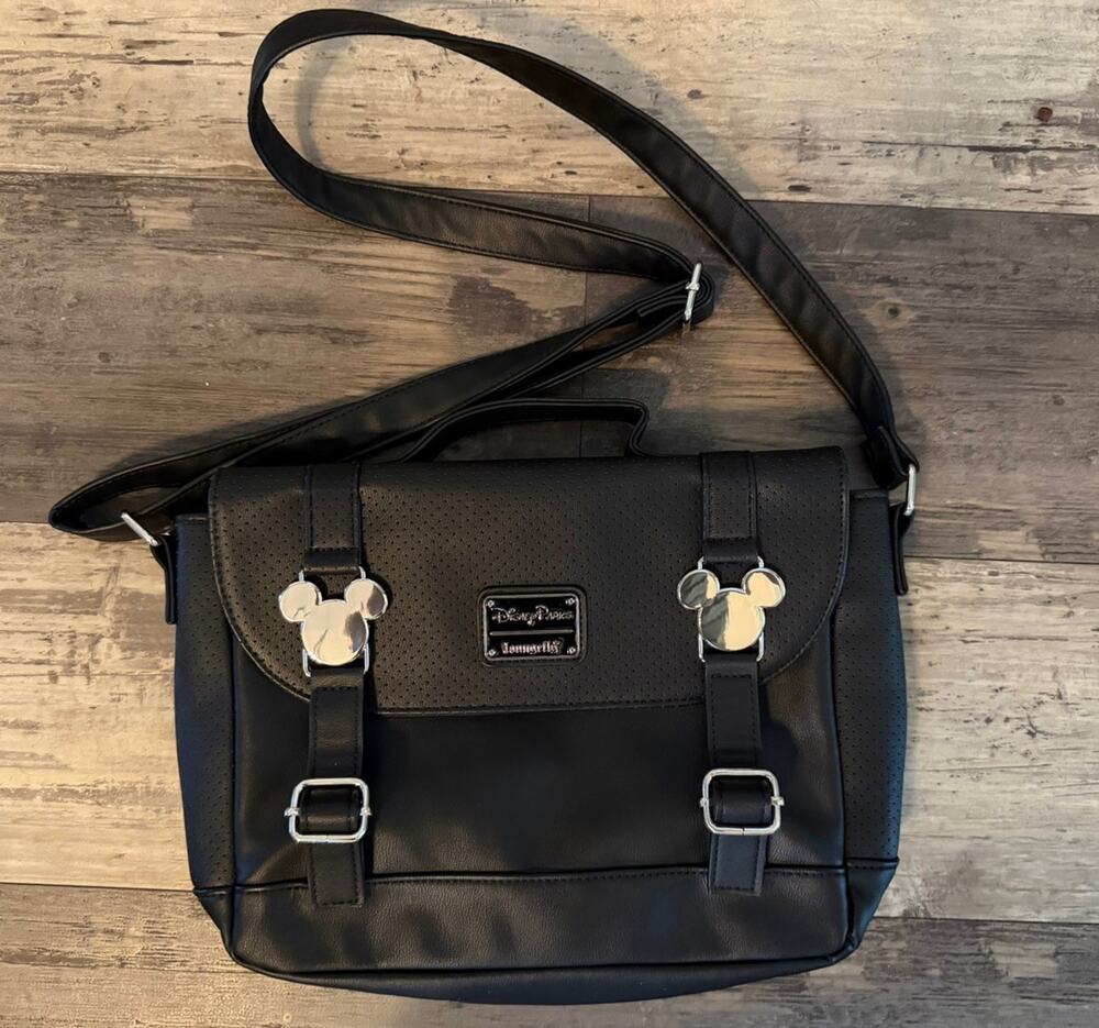 Disney Parks Mickey Mouse Faux Leather Black Loungefly Messenger Bag
